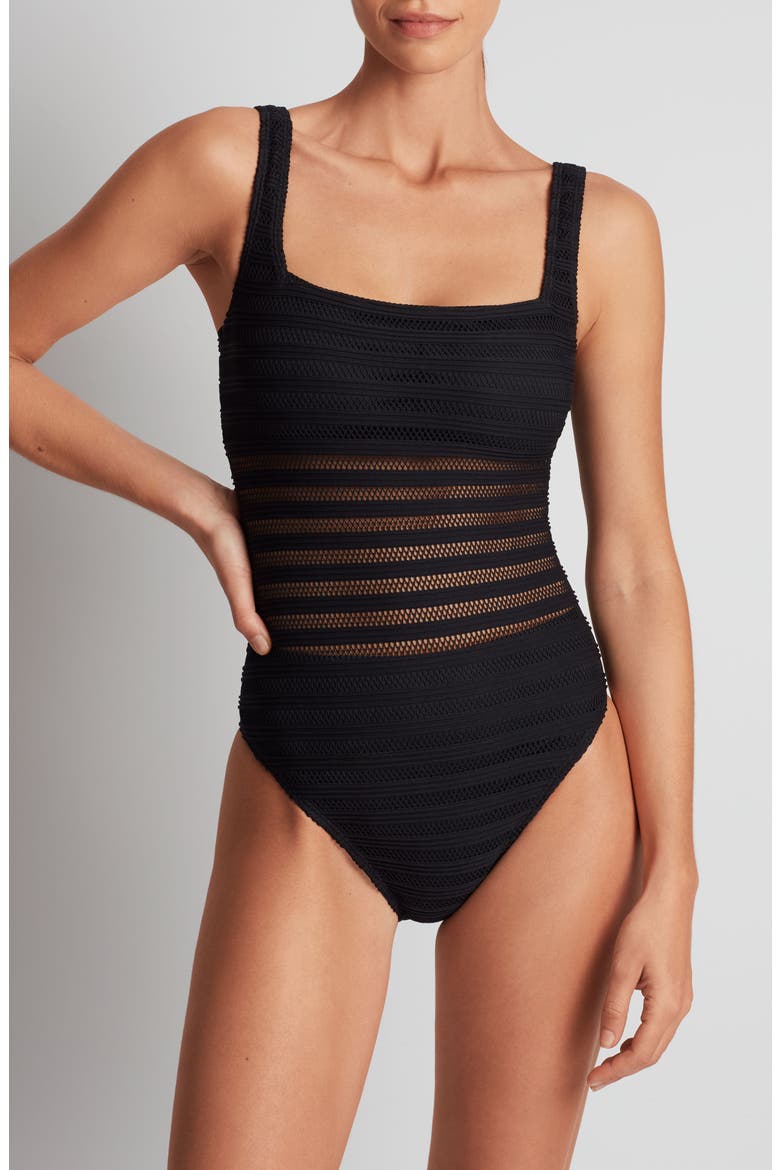 Mesh Stripe One-Piece Swimsuit, Main, color, BLACK