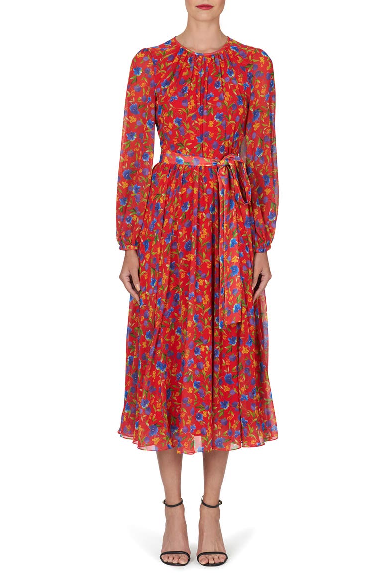 Floral Print Long Sleeve Chiffon Dress, Main, color, LACQUER RED
