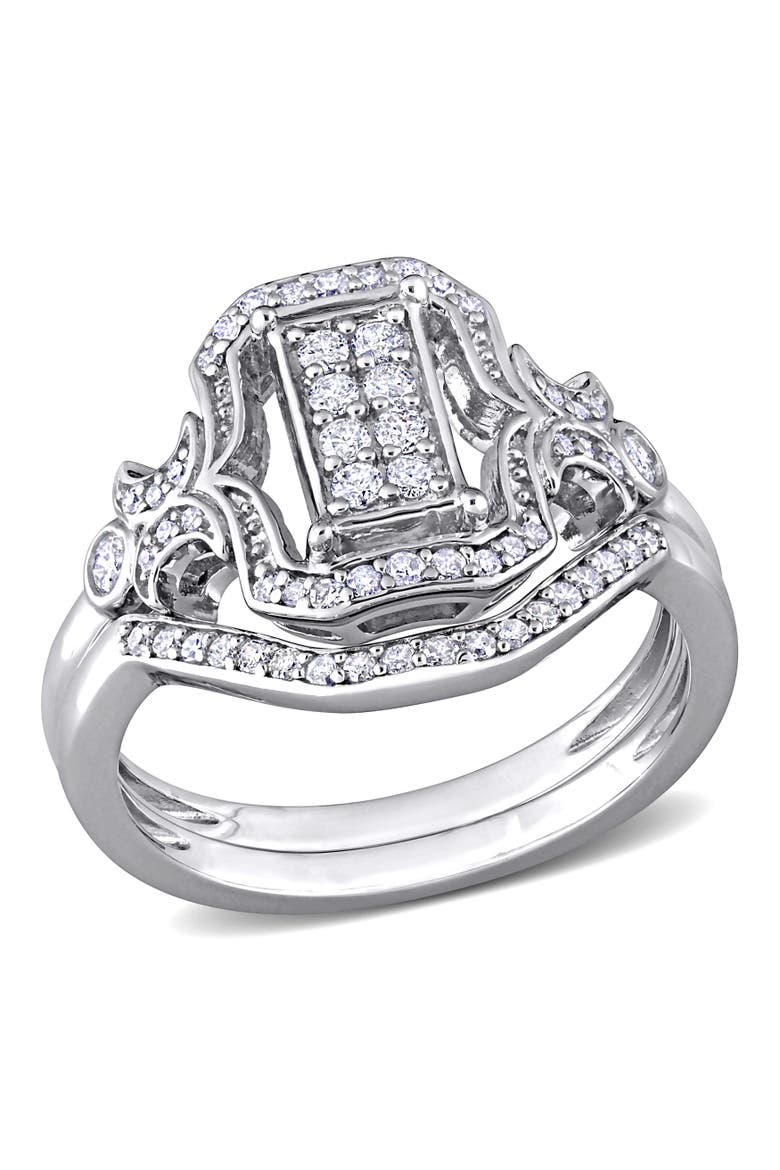 Diamond Cluster Halo Bridal Ring Set, Main, color, Sterling Silver