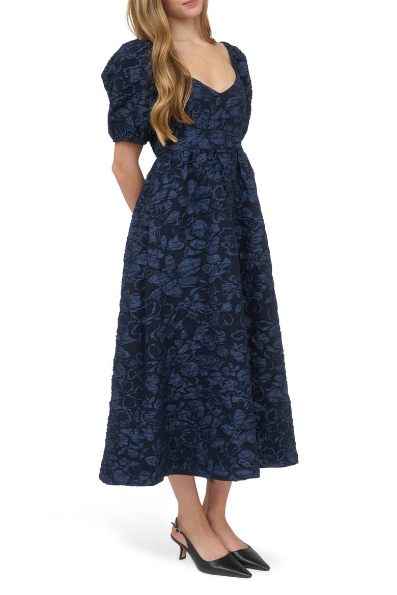 Sweetheart Puff Sleeve Midi Dress, Alternate, color, NAVY