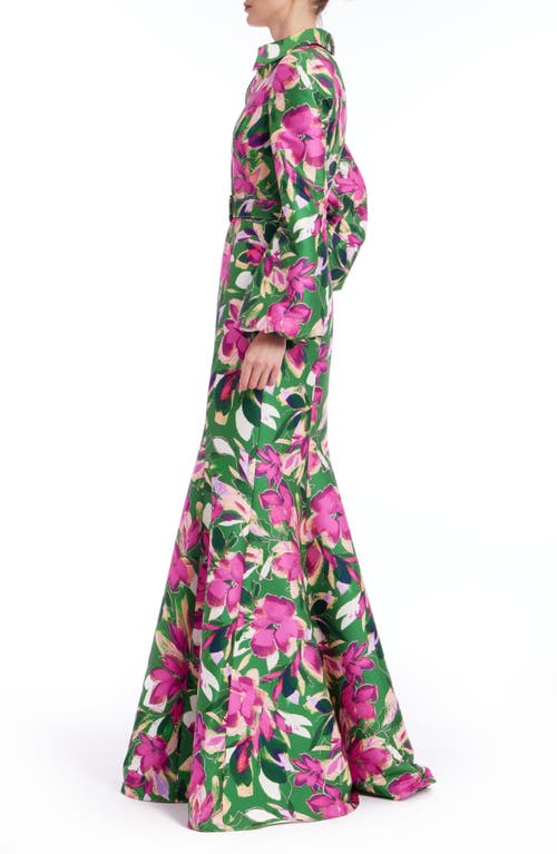 Badgley Mischka Belted Floral-print Mikado Shirt Gown In Emerald Multi