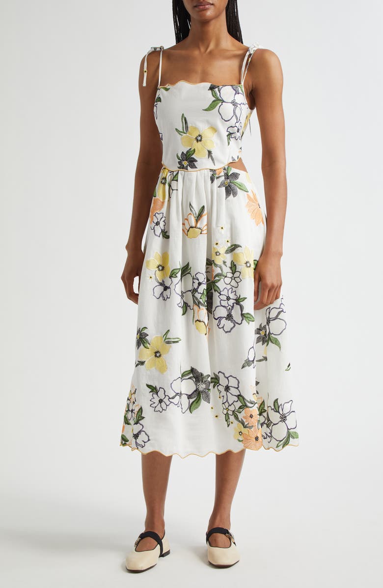 Stine Goya Floral Cutout Detail Midi Dress, Main, color, Wild Flowers Embroidery