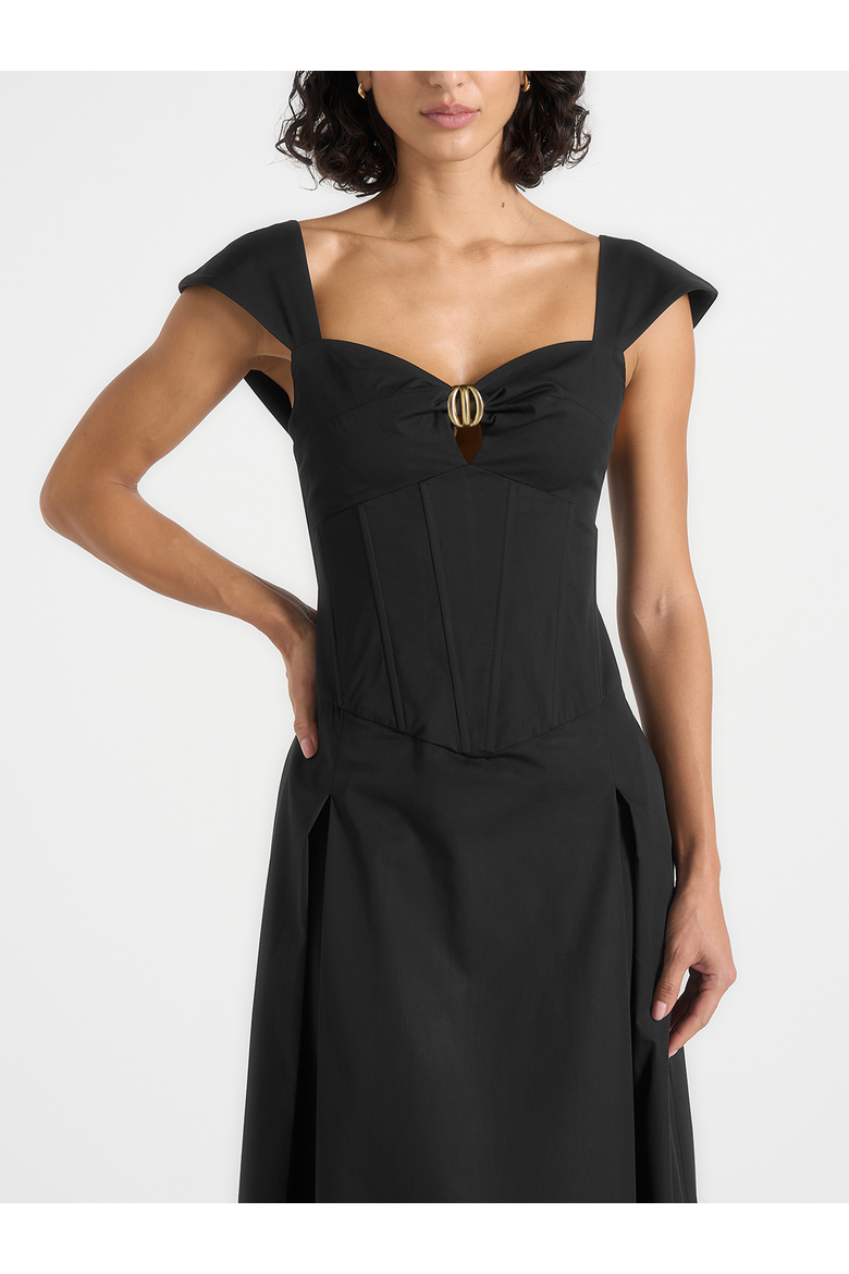 Faith Cap Sleeve Corset Cotton Midi Dress, Alternate, color, Black