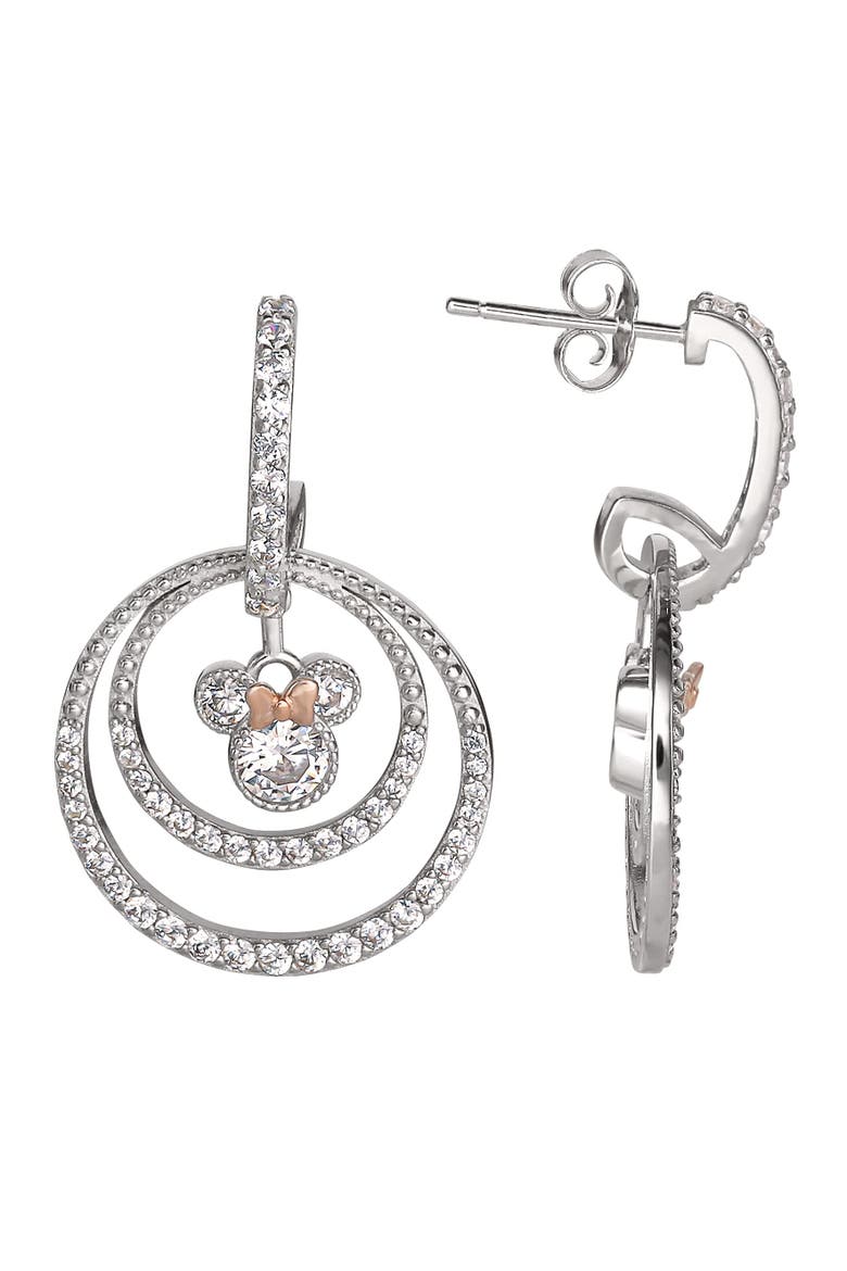 Minnie Mouse Jewelry, Double Hoop Cubic Zirconia Dangle Earrings, Alternate, color, Metallic Silver