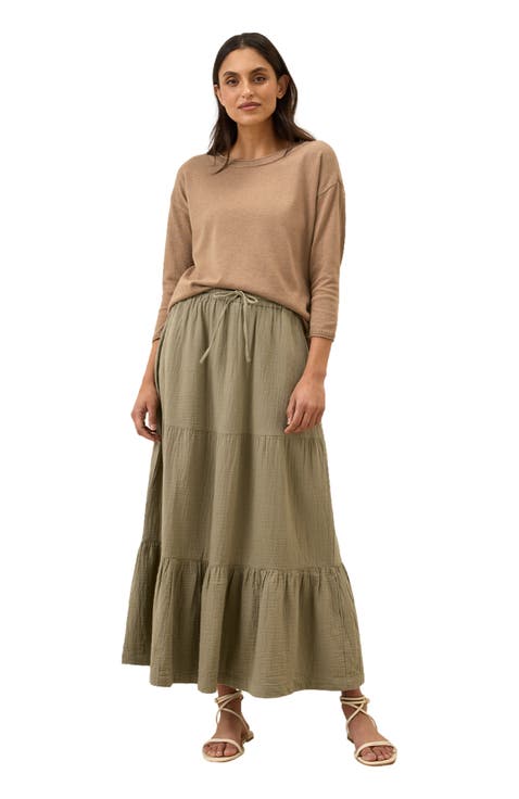 Organic Cotton Coastal Double Gauze Tiered Maxi Skirt