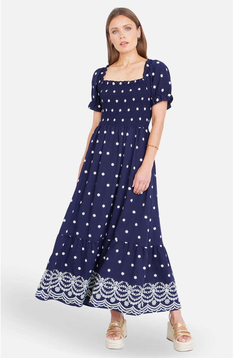 Yumi Border Hemline Smocked Maxi Dress, Alternate, color, Navy