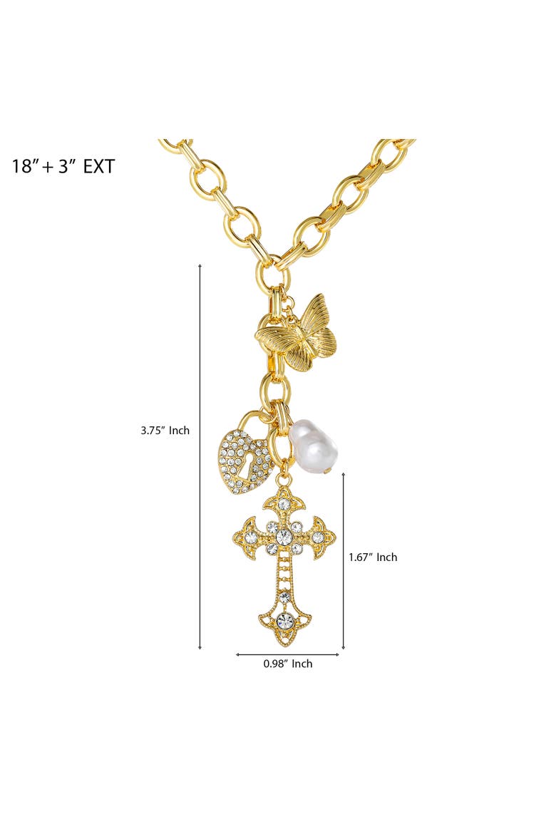 Gold-Tone Charm Link Necklace with Cross, Heart & Pearl Accents, Alternate, color, Gold tone
