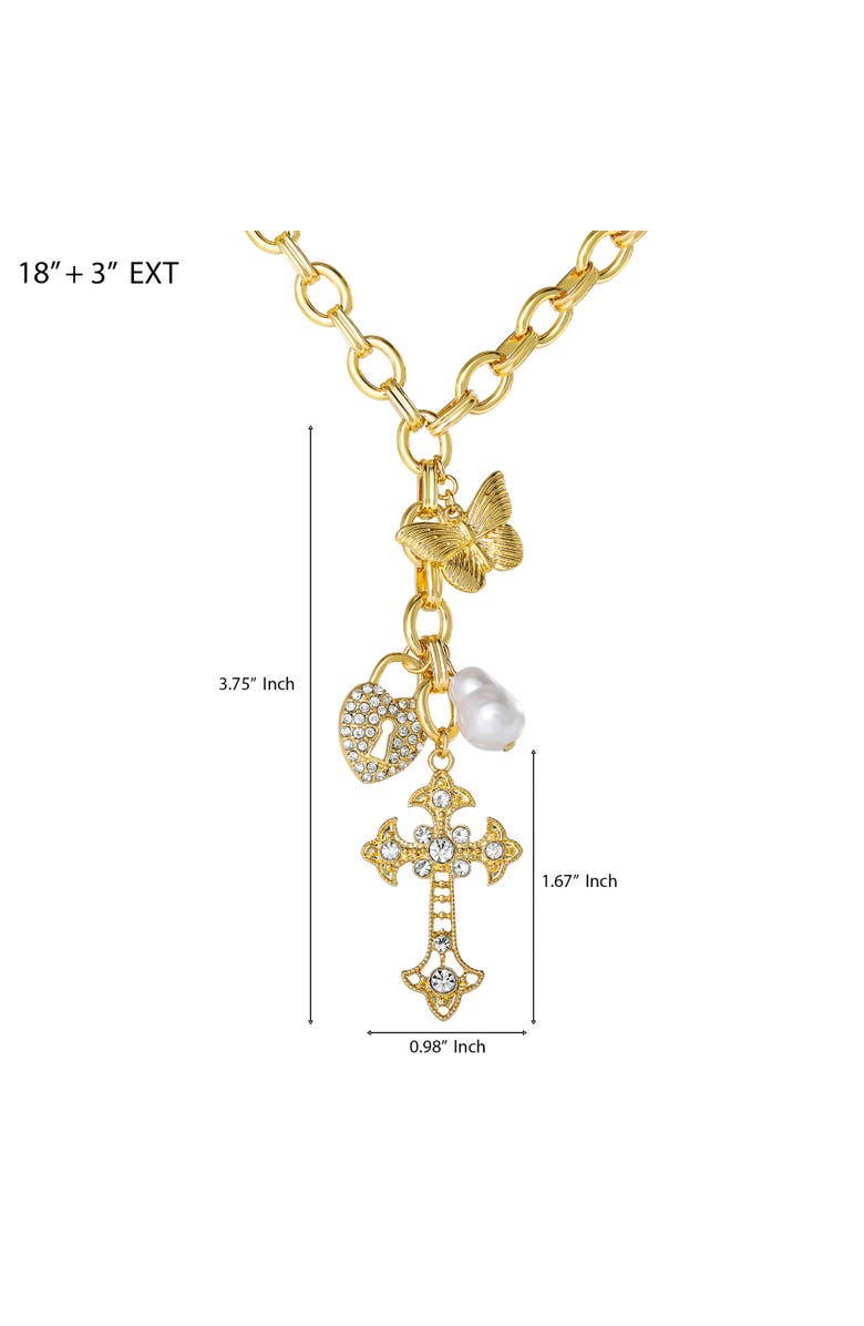 Jessica Simpson Gold-Tone Charm Link Necklace with Cross, Heart & Pearl Accents, Alternate, color, Gold Tone