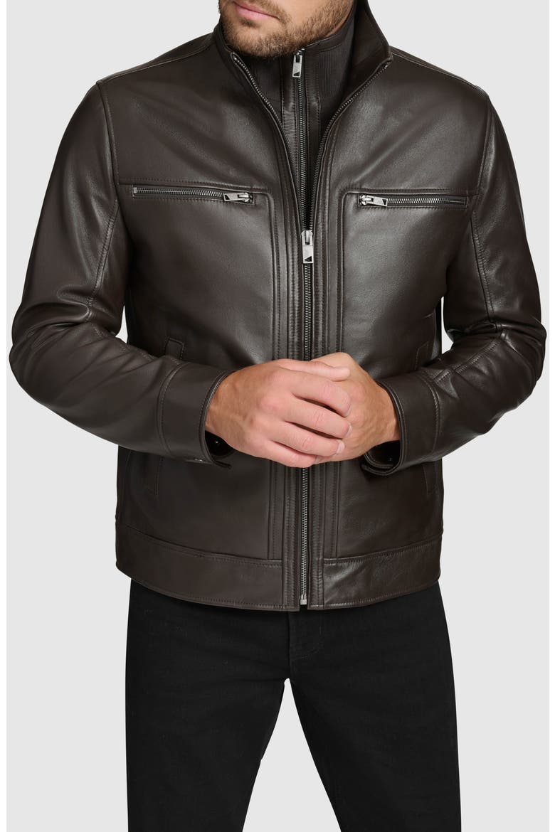 Leather Moto Jacket with Attached Bib, Main, color, DARK BROWN