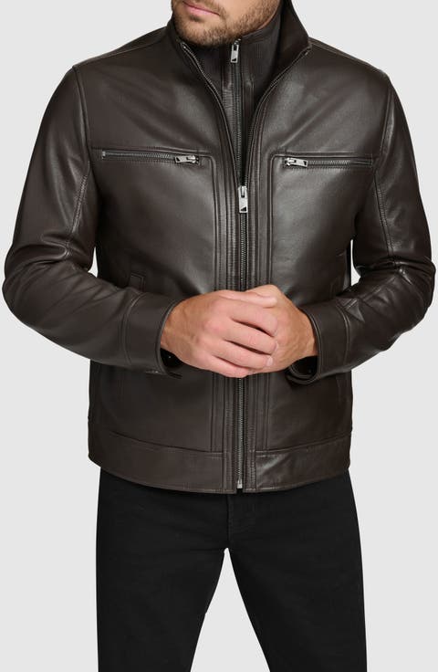 Leather Moto Jacket with Attached Bib