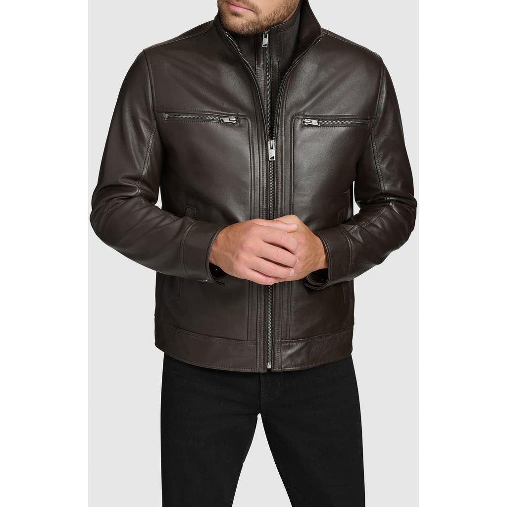 Andrew Marc Leather Moto Jacket With Attached Bib In Black