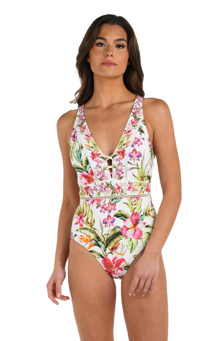 La Blanca Polynesian Plunge One-Piece Swimsuit, Alternate, color, White Multi