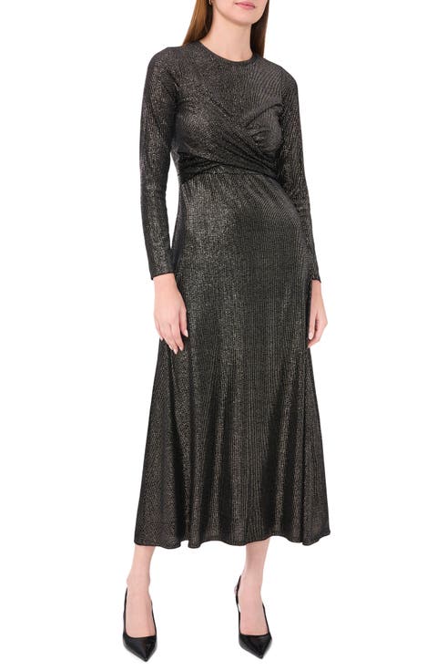 Metallic Long Sleeve Faux Wrap Midi Dress