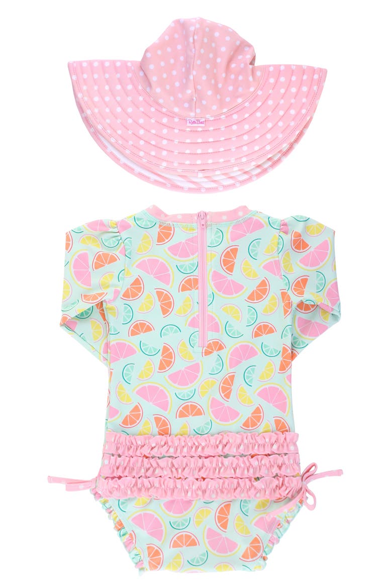 Squeeze the Day One-Piece Rashguard Swimsuit & Reversible Sun Hat Set, Alternate, color, PINK