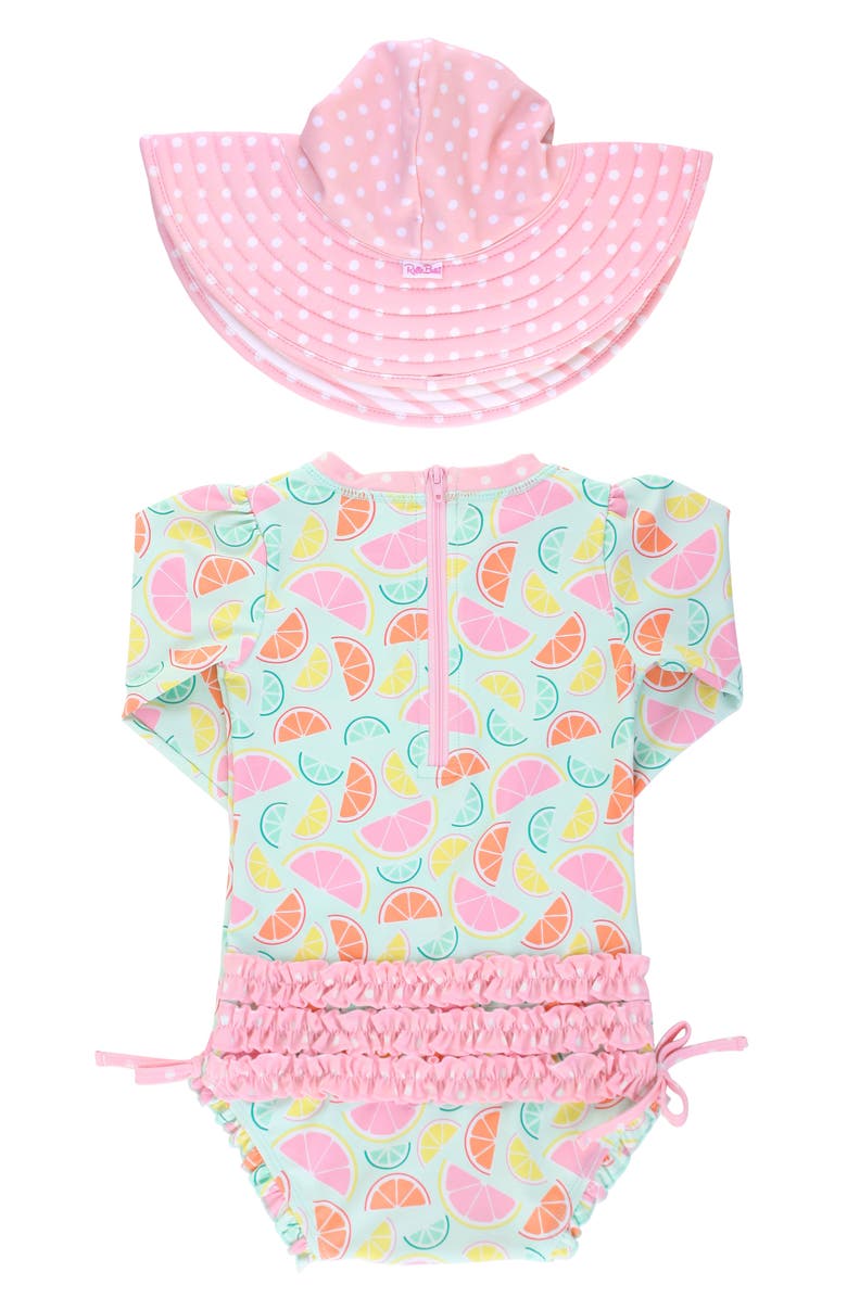 RuffleButts Squeeze the Day One-Piece Rashguard Swimsuit & Reversible Sun Hat Set, Alternate, color, 