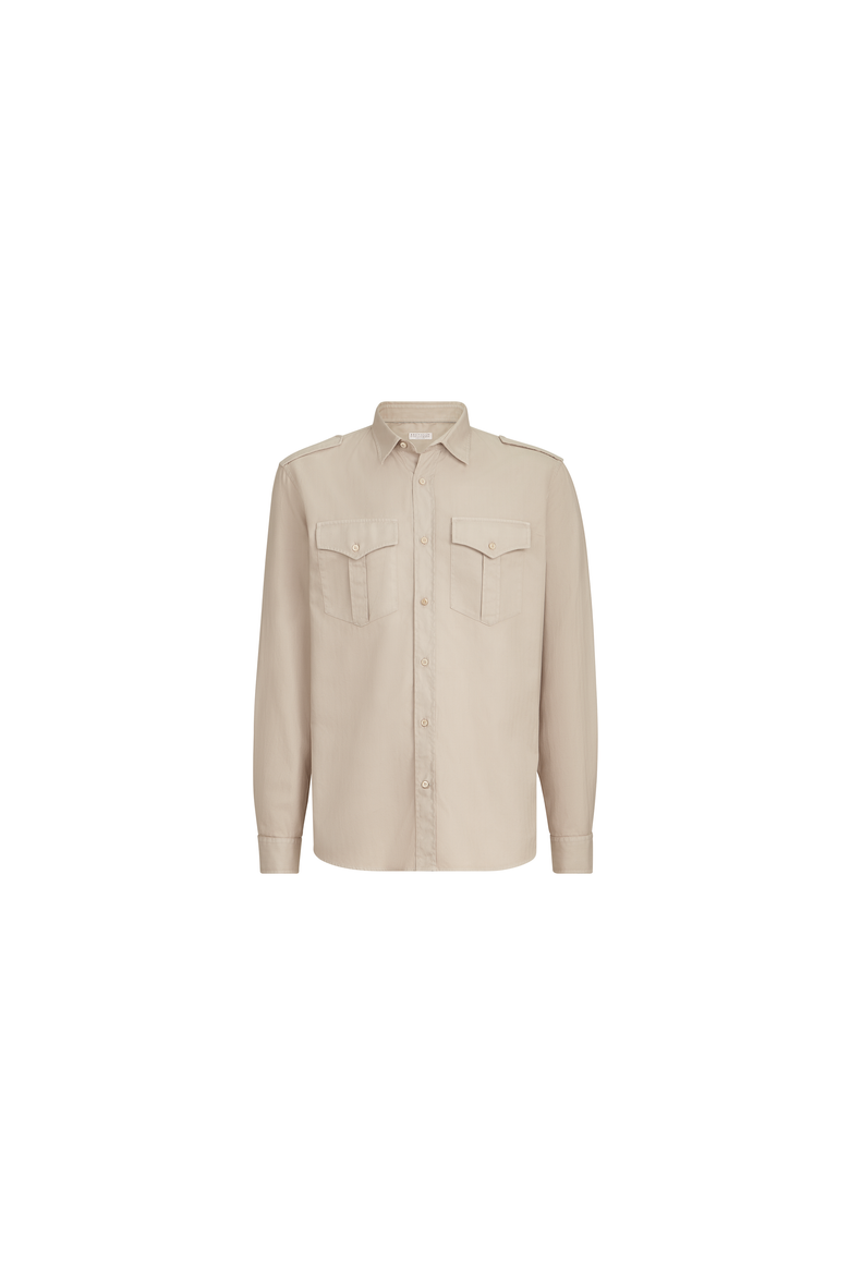 Garment-dyed shirt in cotton chevron with spread collar, epaulettes and chest pockets, Alternate, color, White