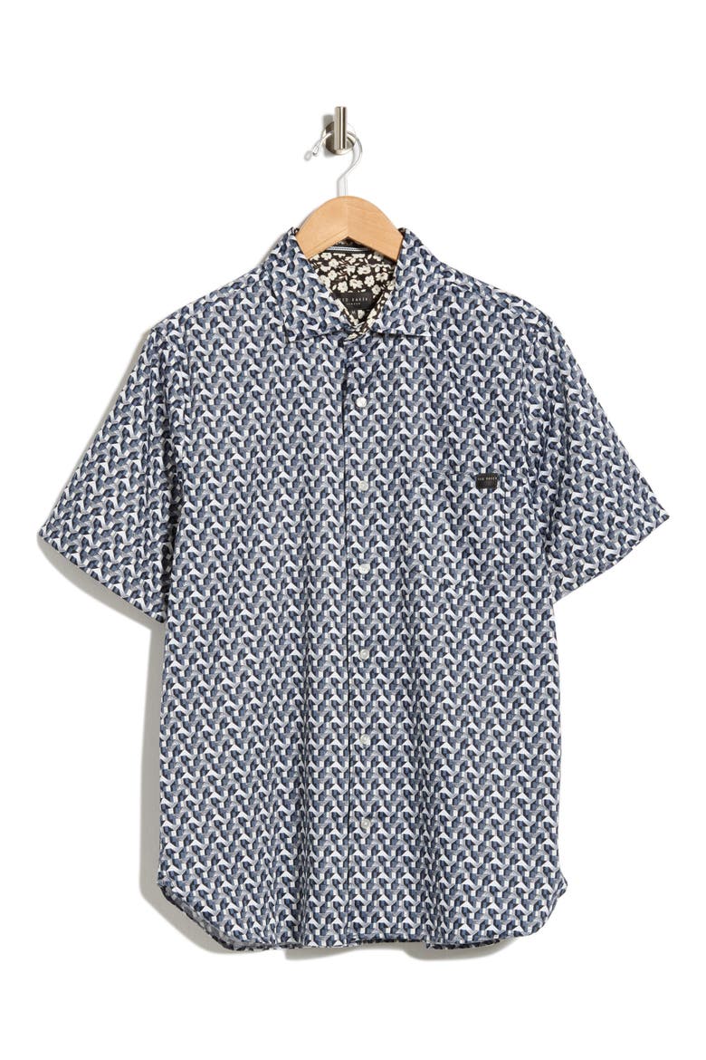 Geometric Print Stretch Cotton Shirt, Alternate, color, DARK DENIM