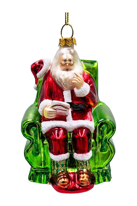 Santa In Green Armchair Glass Christmas Ornament