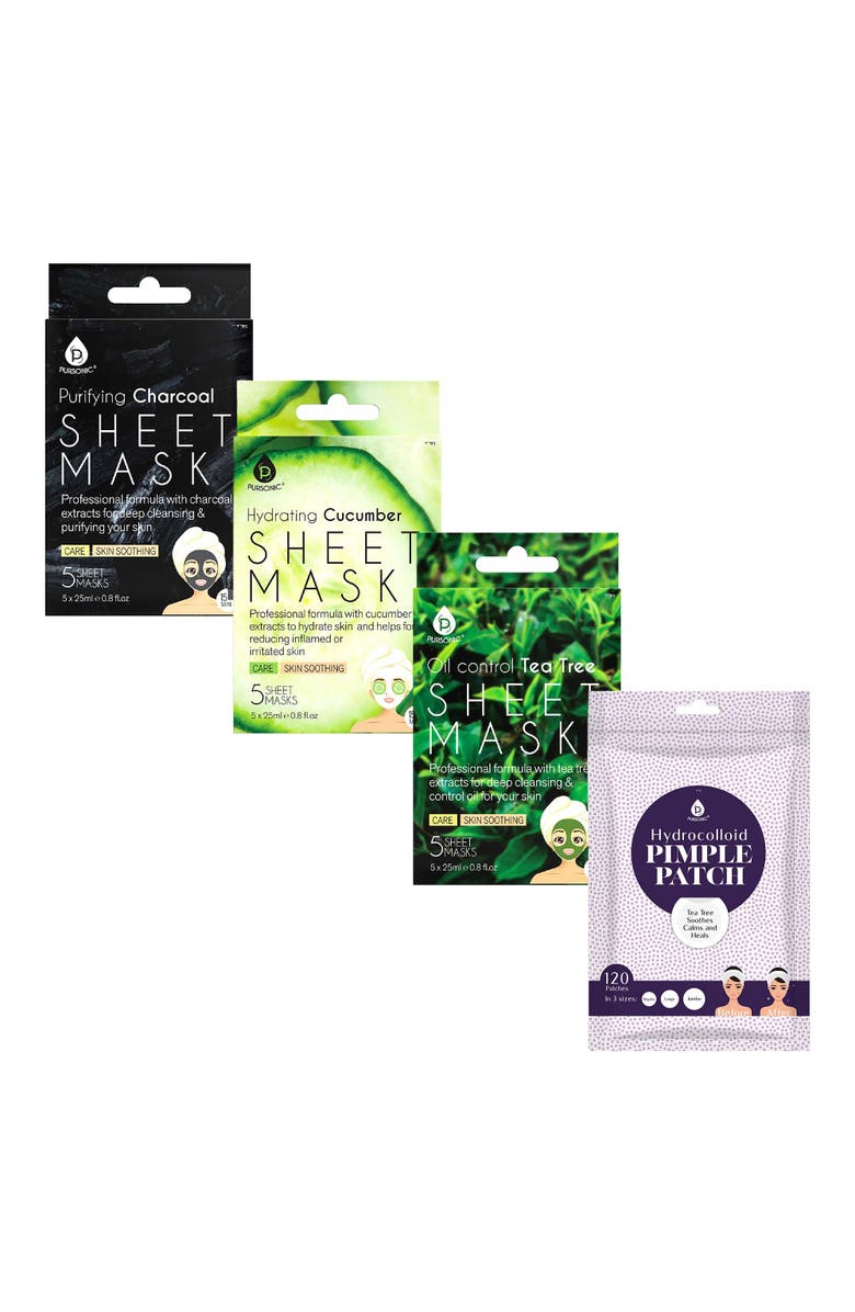 PURSONIC Acne Care & Hydration Essentials Bundle Hydrocolloid Pimple Patches & Multi-Mask Sheet Collection, Main, color, Multicolor
