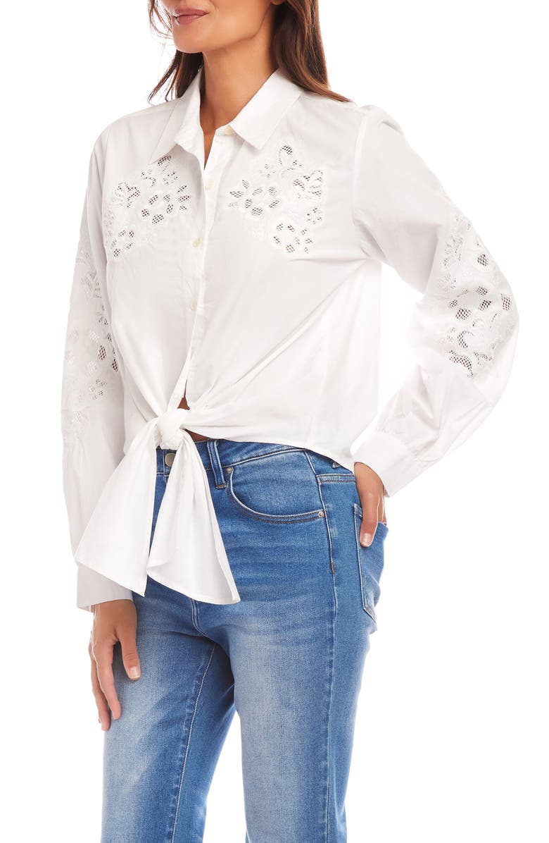 Karen Kane Tie Front Embroidered Button-Up Shirt, Alternate, color, Off White