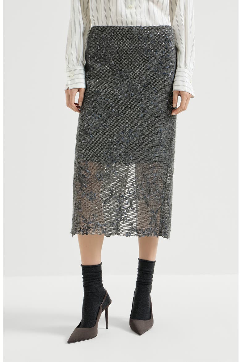 Dazzling lace embroidery pencil skirt in sparkling mohair and wool, Main, color, Dark Grey
