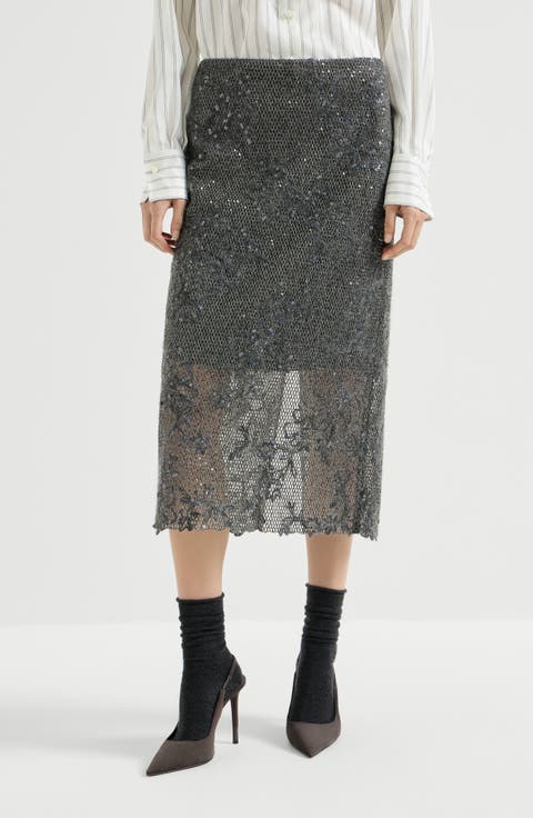 Dazzling lace embroidery pencil skirt in sparkling mohair and wool
