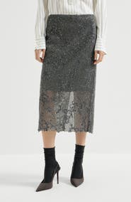 Brunello Cucinelli Dazzling lace embroidery pencil skirt in sparkling mohair and wool