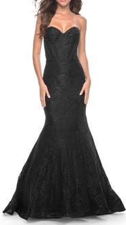 La Femme Mermaid Stretch Lace Dress with Bustier Top and Sheer Back