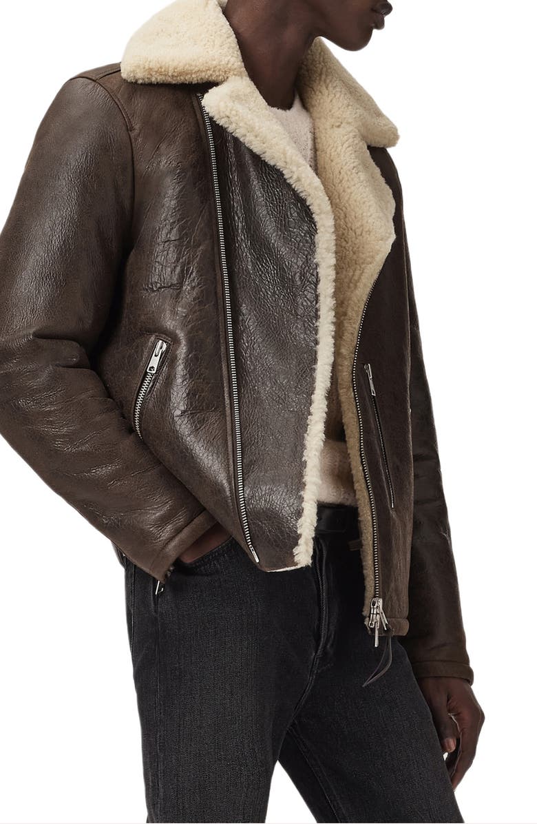 AllSaints Xylon Shearling Lined Leather Biker Jacket, Alternate, color, Bark Wood Brown