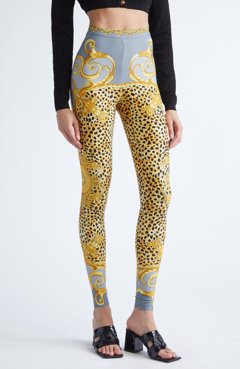 Versace Cheetah Foulard Print Leggings, Alternate, color, Light Grey Elephant Grey