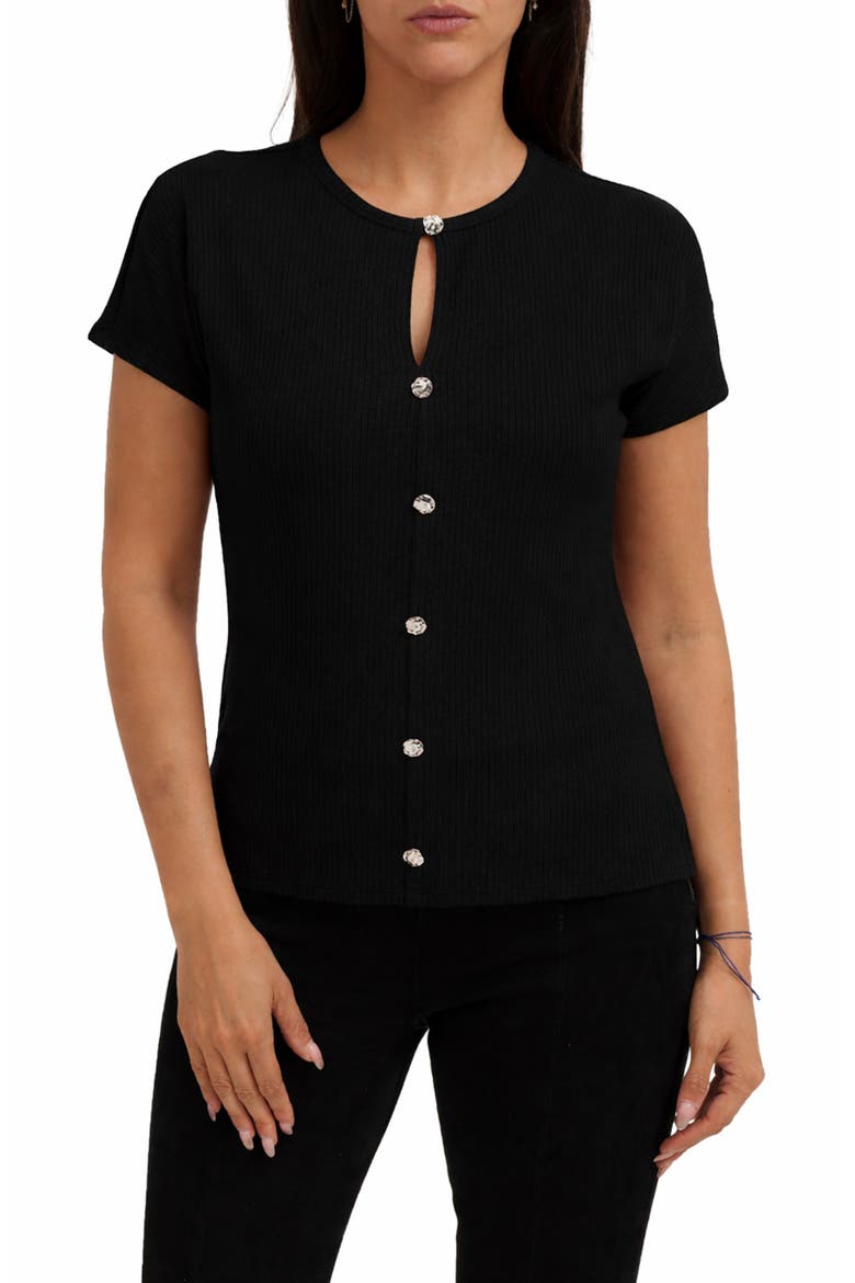 Keyhole Button-Front Rib Top, Main, color, BLACK