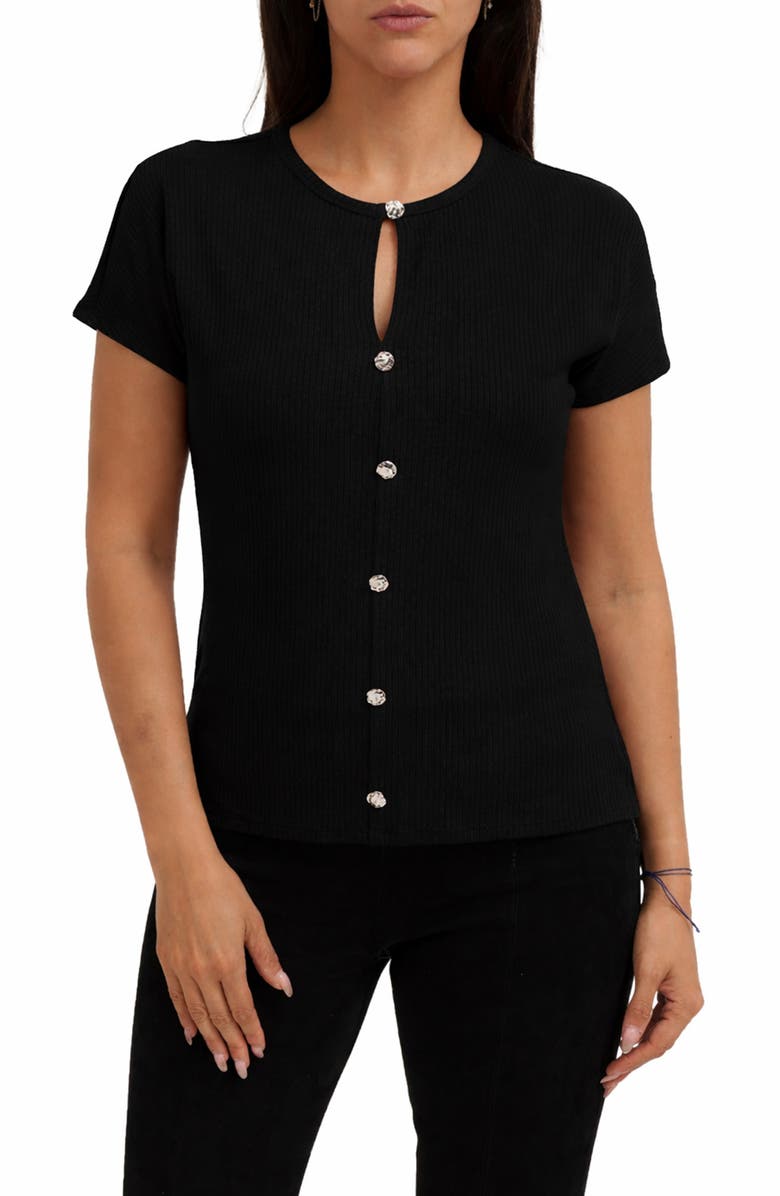 CYRUS Keyhole Button-Front Rib Top, Main, color, Black