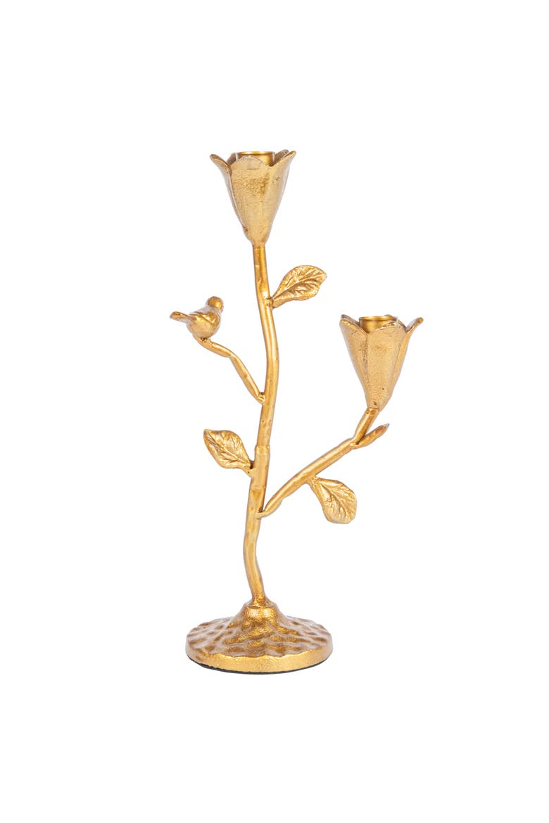 Tall Hand-Forged Cast Iron Candelabra with Flowers and Bird, Gold, Alternate, color, Gold
