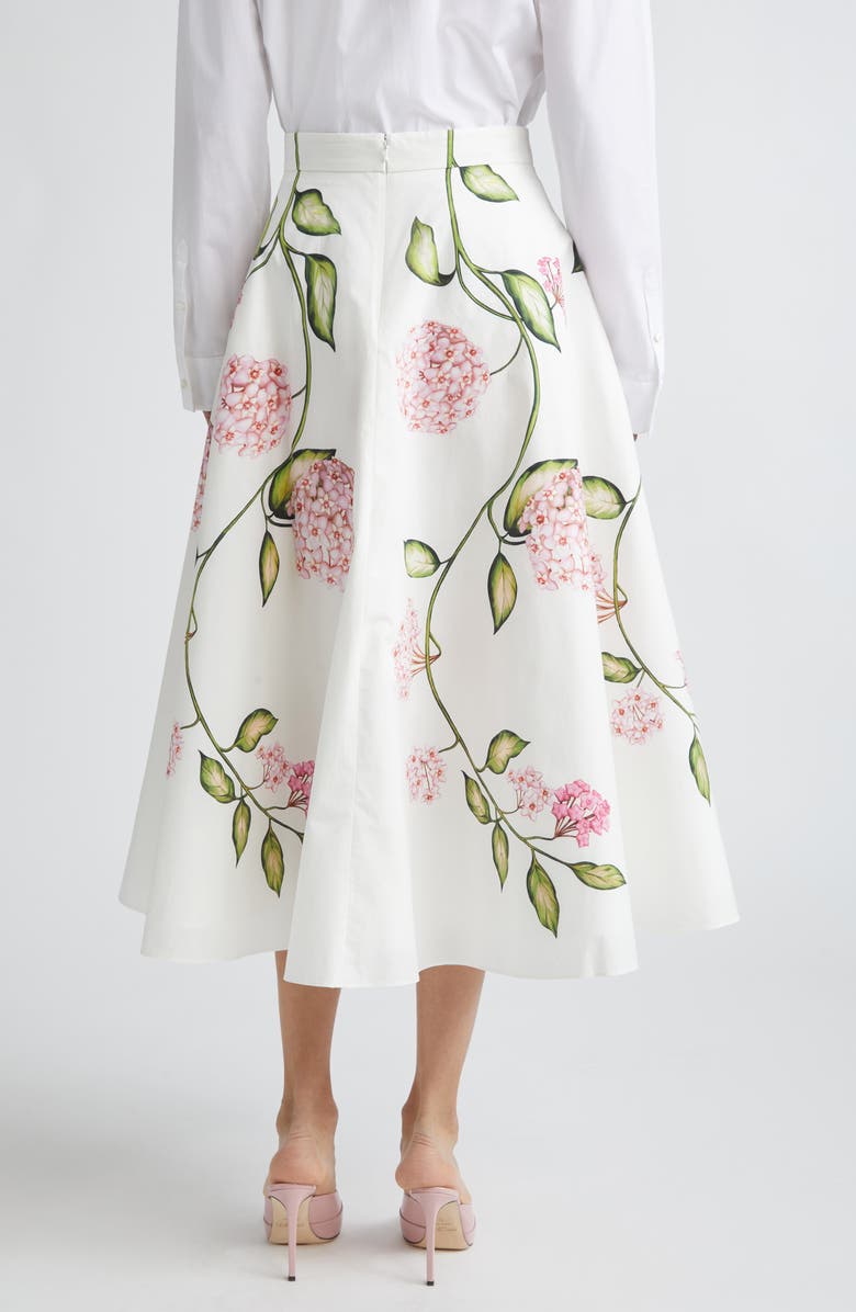 Oscar de la Renta Porcelain Flowers Stretch Cotton Poplin A-Line Midi Skirt, Alternate, color, Pink/ White