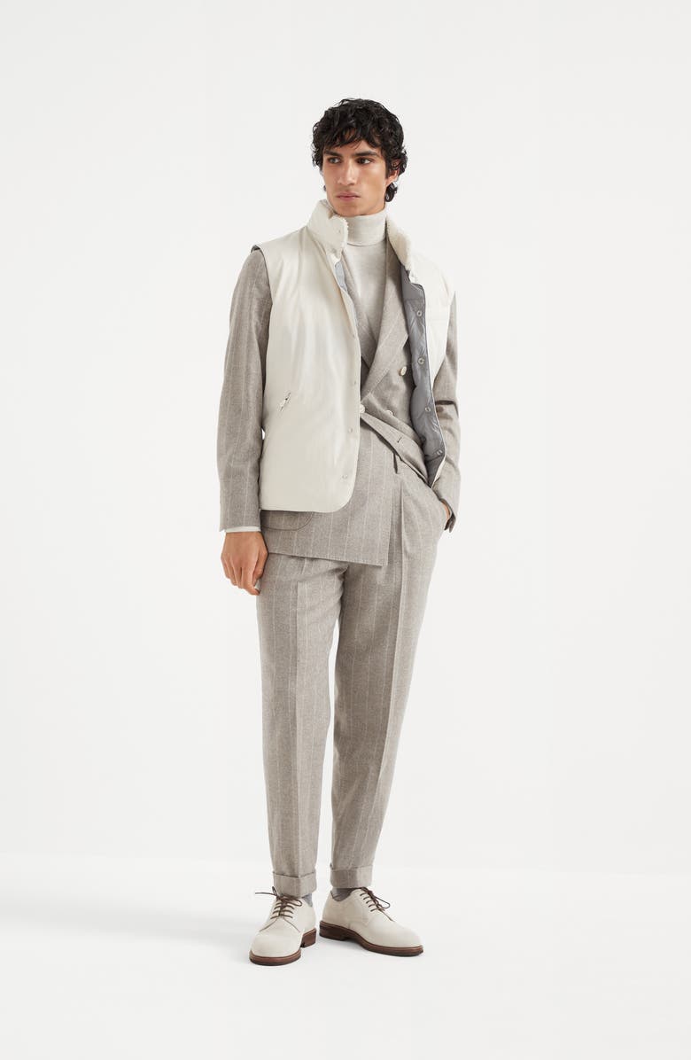 Brunello Cucinelli Wool and cashmere wide chalk stripe combed flannel one-and-a-half breasted deconstructed blazer with patch pockets, Alternate, color, 