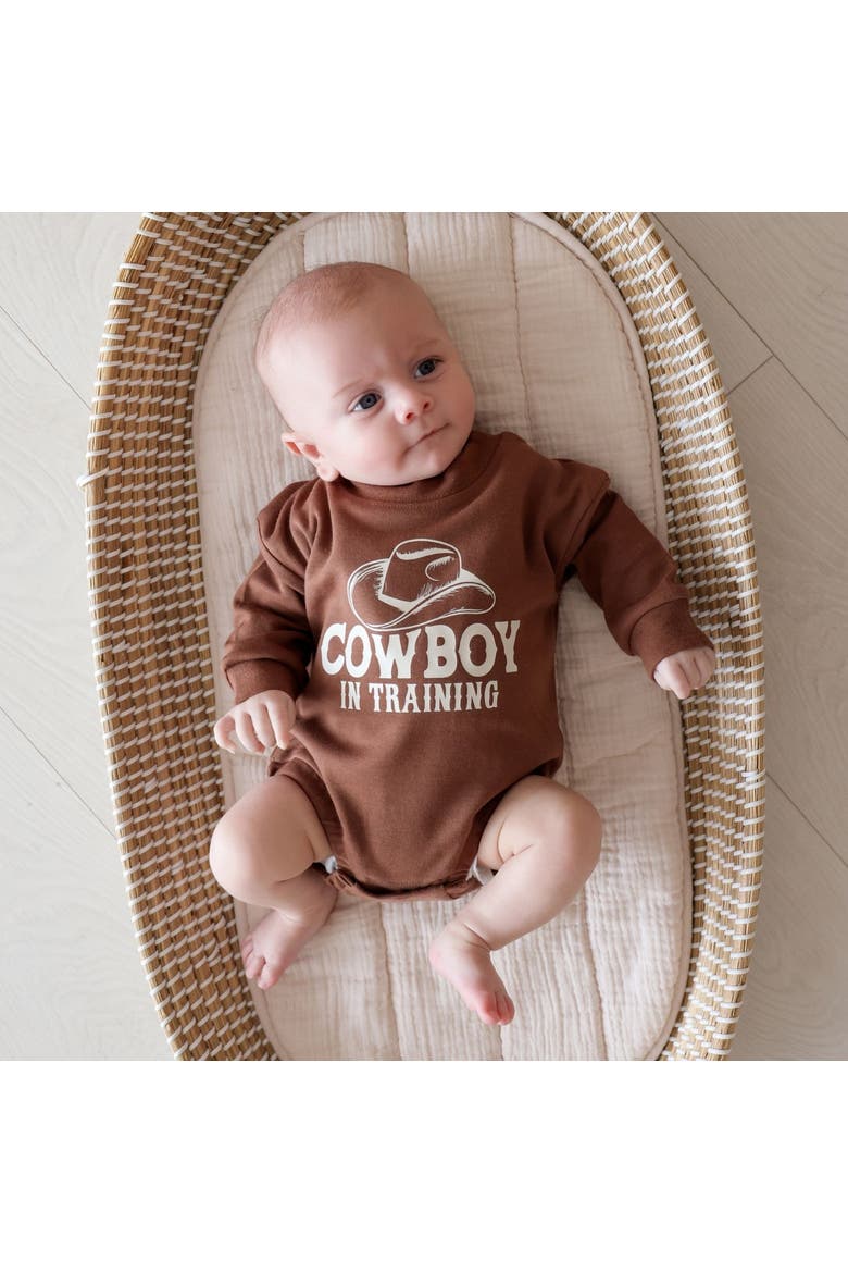 Cowboy In Training Western Long Sleeve Romper, Alternate, color, Brown