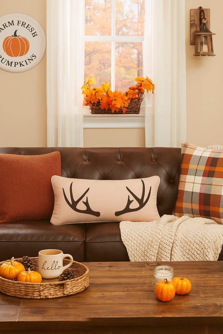 Antlers Design Rectangle Fall Harvest Hunting Theme Accent Pillow, 12" x 24", Alternate, color, Beige