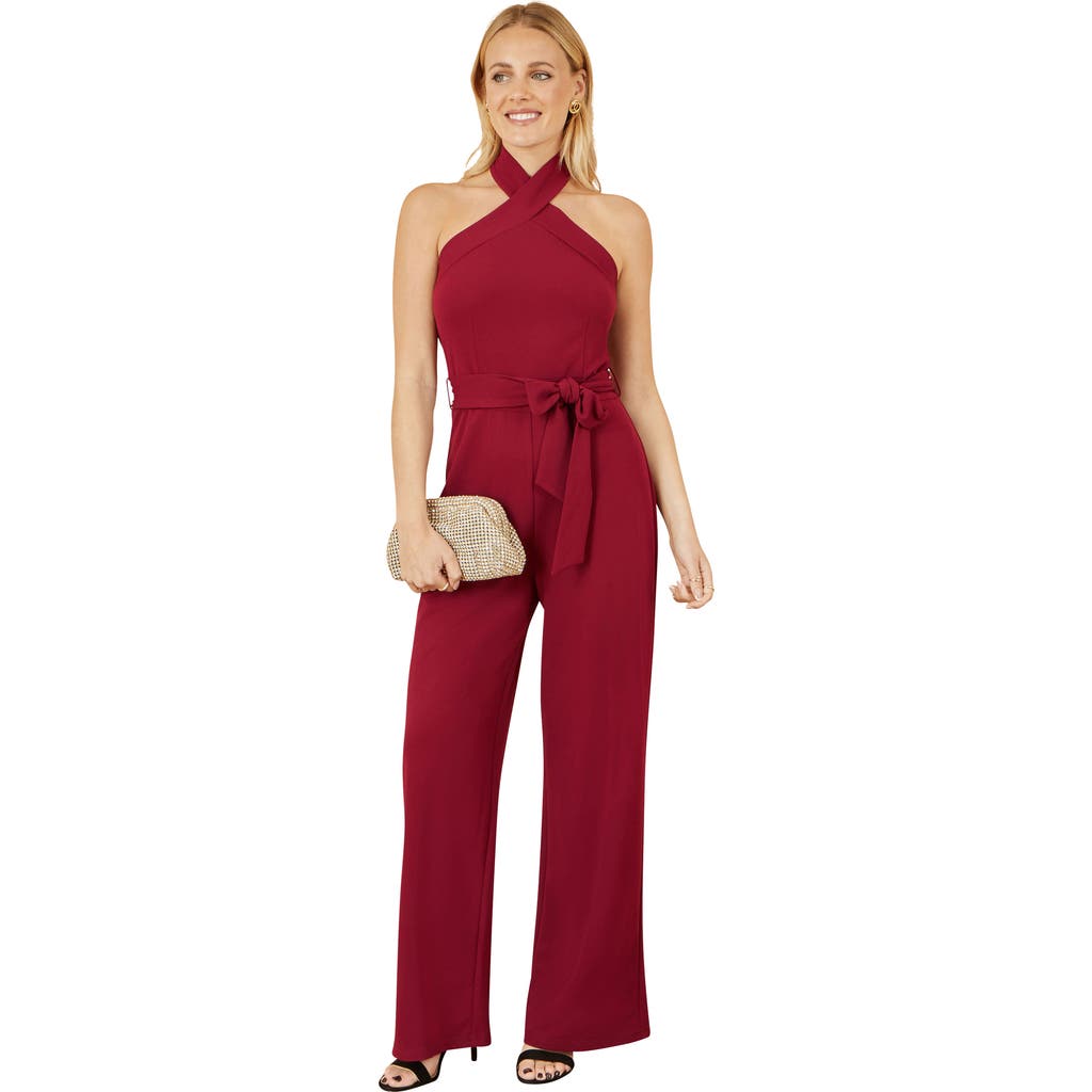Yumi Cross Over Halter Neck Jumpsuit In Burgundy
