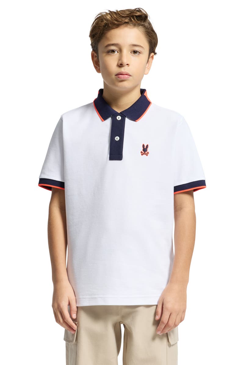 Psycho Bunny Kids' Thatcher Tipped Cotton Piqué Polo, Alternate, color, White
