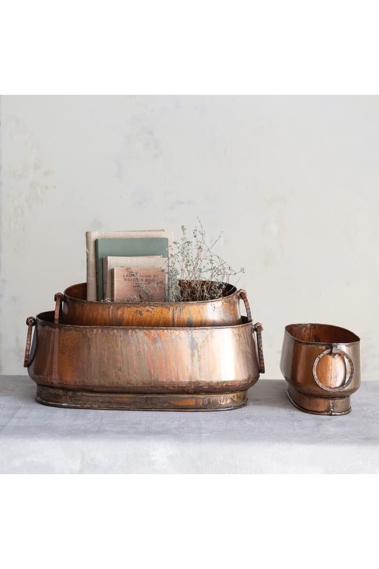 3-Piece Oval Metal Planters with Ring Handles, Alternate, color, Copper