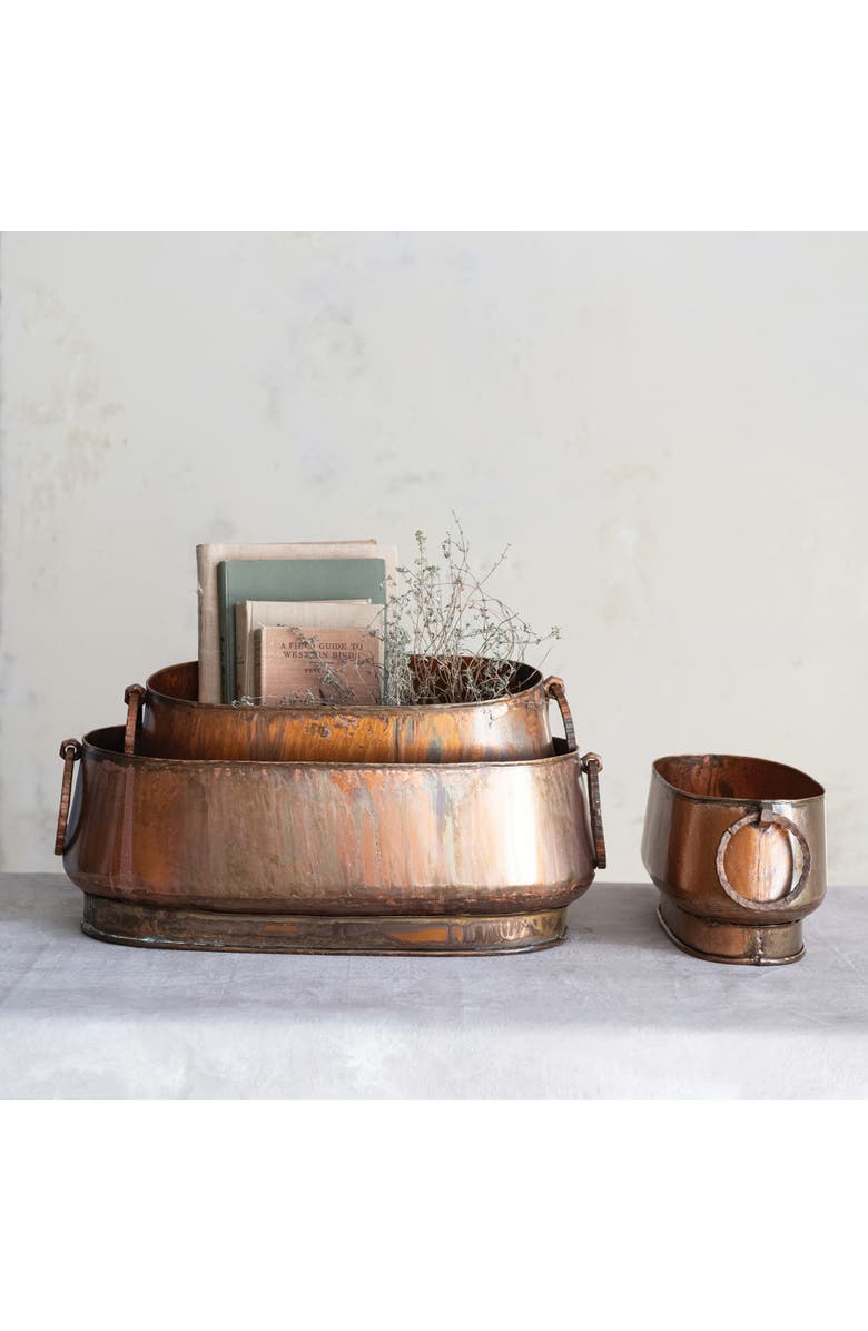 Storied Home 3-Piece Oval Metal Planters with Ring Handles, Alternate, color,