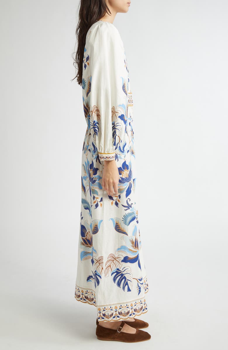 FARM Rio Mystic Blue Lotus Placed Print Long Sleeve Linen Blend Maxi Dress, Alternate, color, White And Blue