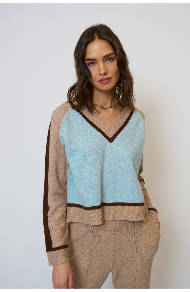 Central Park West Ash Color Blocked V-Neck, Main, color, Blue Multi