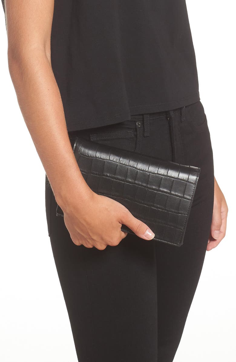 AllSaints Fetch Croc Embossed Leather Chain Crossbody Wallet, Alternate, color, Black Croc