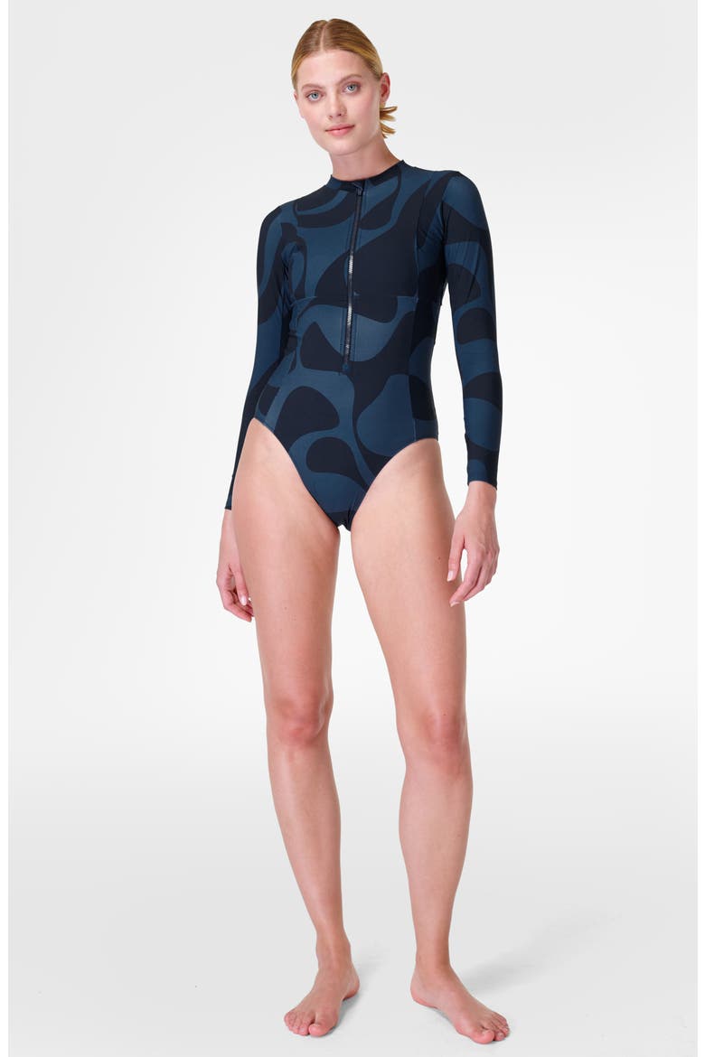 Tidal Long Sleeve One-Piece Swimsuit, Alternate, color, BLUE WATER MARBLE PRINT