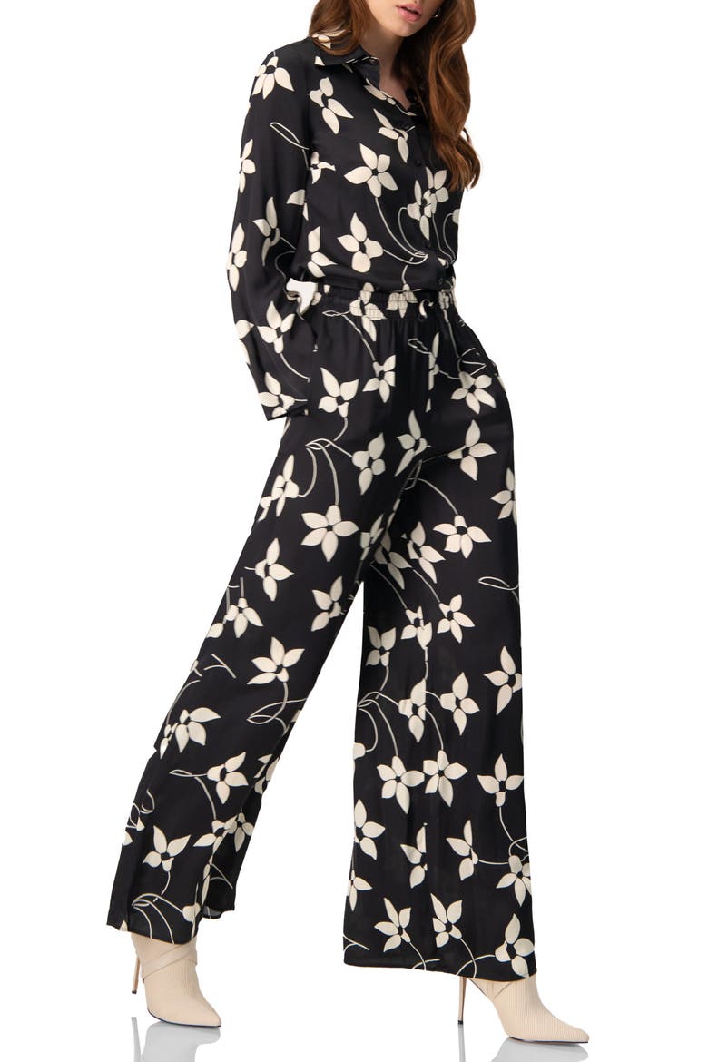 Wide-Leg Floral Print Pants with Pockets, Alternate, color, Black