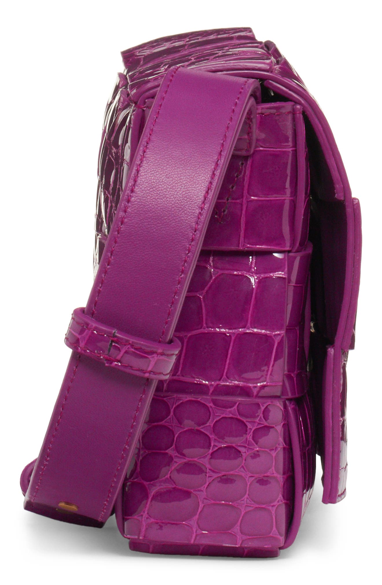 Bottega Veneta Cassette Intrecciato Croc Embossed Patent Leather Crossbody Bag, Alternate, color, Venom-M Brass