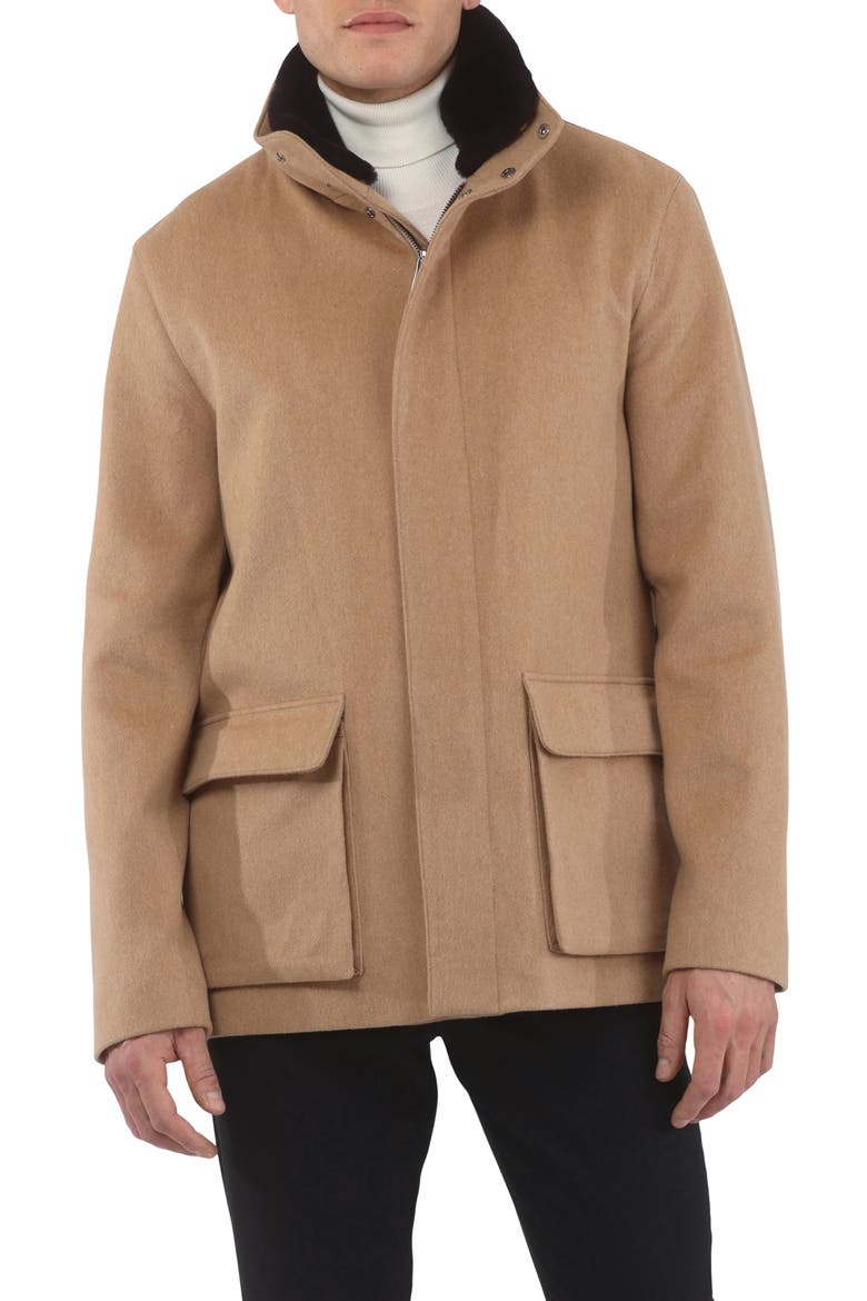 Men's Jacket Crafted from Loro Piana Wool with Detachable Genuine Shearling Collar, Main, color, CAMEL/BROWN