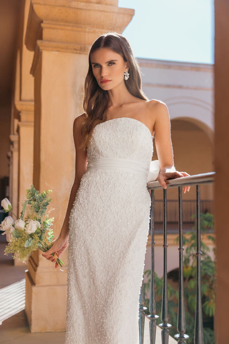 Beaded Lace Strapless Bow Detail Fitted Midi Dress, Alternate, color, Ivory