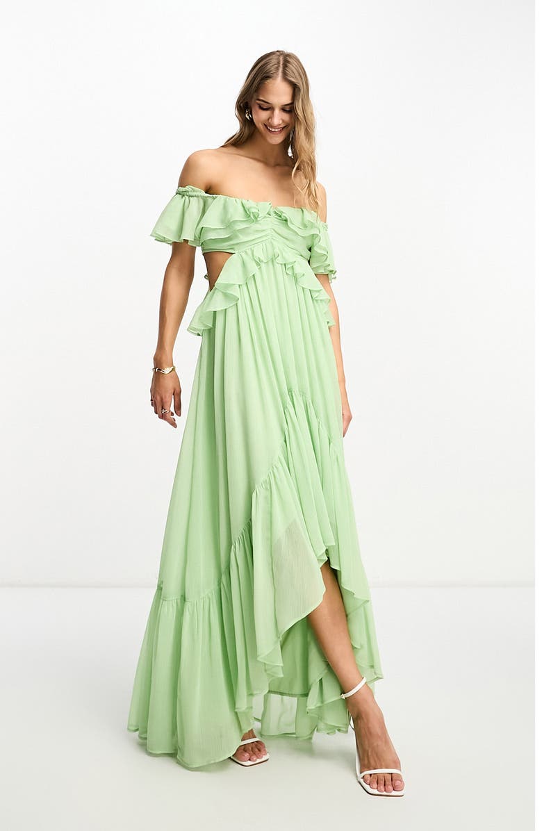 ASOS DESIGN Ruffle Off the Shoulder High-Low Maxi Dress, Alternate, color,